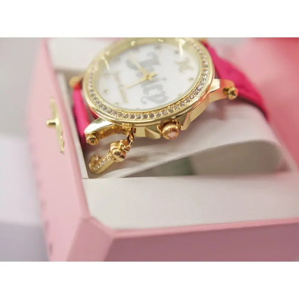 Juicy Couture Women Gold Tone Crystal Watch Hot Pink Heart Strap Hanging J Charm